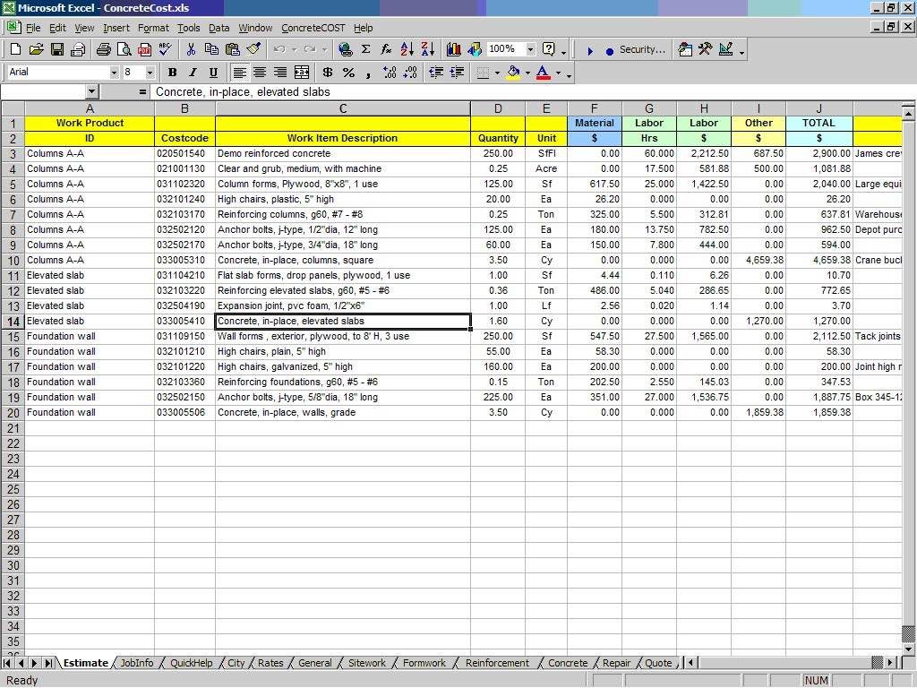 quantity takeoff excel spreadsheet and take off sheet example